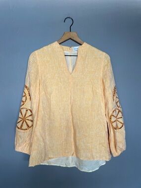 Charlotte Brody Light Peach Linen Embroidered Sleeve Top